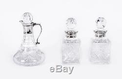 Vintage Set of 3 Cut Glass Decanters Silver Collars 1990