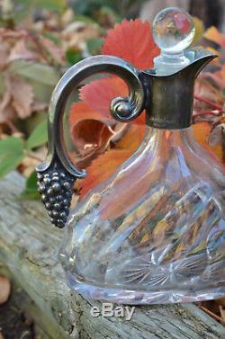 Vintage Sterling Silver & Cut Glass Crystal Grape Motif German Wine Decanter