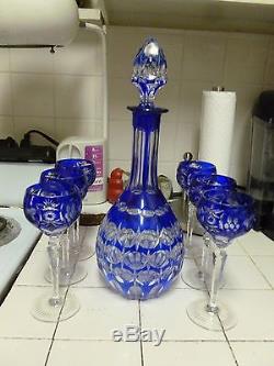 Vintage Stunning Best Quality Bohemian Czech Blue 2 Clear Cut Glass Decanter Set