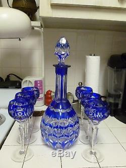 Vintage Stunning Best Quality Bohemian Czech Blue 2 Clear Cut Glass Decanter Set