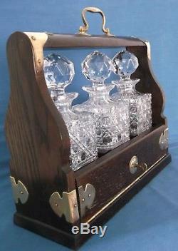 Vintage Tantalus 3 Crystal Decanters Mahogany Brass Case Lockable Key Superb