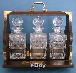 Vintage Tantalus 3 Crystal Decanters Mahogany Brass Case Lockable Key Superb
