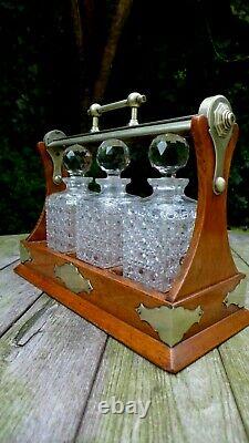 Vintage Tantalus With 3 Cut Glass Decanters Grinsell's Patent Lock Original Key