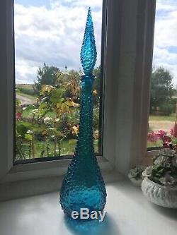 Vintage Turquoise Hobnail MCM Italian Empoli Genie Bottle Decanter Bubble Glass