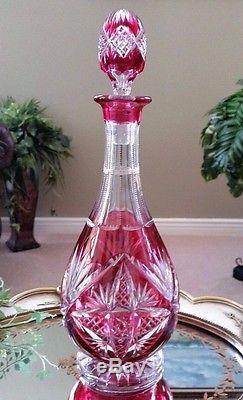 Vintage Val St Lambert Cranberry Cut to Clear Crystal Pedestal Decanter
