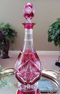 Vintage Val St Lambert Cranberry Cut to Clear Crystal Pedestal Decanter