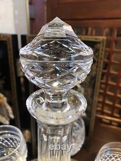 Vintage Waterford Clear Cut Glass Liquor Decanter with Stopper and Six Glasses