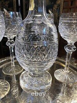Vintage Waterford Clear Cut Glass Liquor Decanter with Stopper and Six Glasses