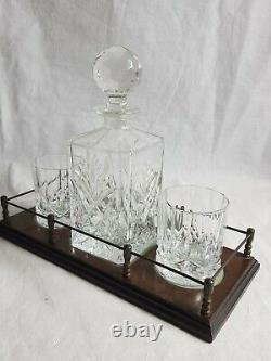 Vintage Wooden Gallery Decanter Stand With Crystal Decanter And 2 Glasses