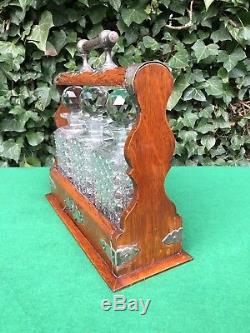 Vintage Wooden Three Crystal Decanter Tantalus With Key