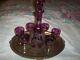 Vintage Czech, Bohemian Cranberry Cut To Clear Decanter With 6 Glasses