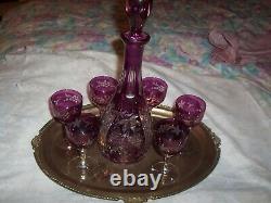 Vintage czech, bohemian CRANBERRY Cut to Clear Decanter WITH 6 GLASSES