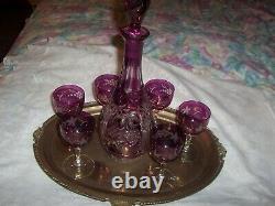 Vintage czech, bohemian CRANBERRY Cut to Clear Decanter WITH 6 GLASSES