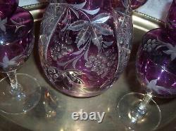 Vintage czech, bohemian CRANBERRY Cut to Clear Decanter WITH 6 GLASSES