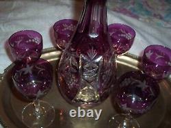 Vintage czech, bohemian CRANBERRY Cut to Clear Decanter WITH 6 GLASSES