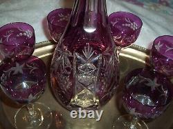 Vintage czech, bohemian CRANBERRY Cut to Clear Decanter WITH 6 GLASSES