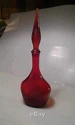 Vintage mid century art glass genie bottle decanter Italy diamond cut glass red