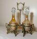 Vintage Ornate Brass Figural 2 Decanter Cut To Clear Crystal Glass Tantalus Set