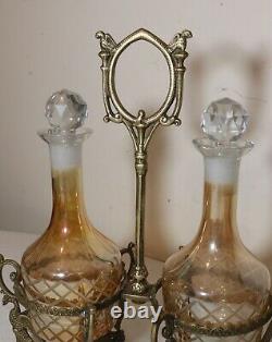Vintage ornate brass figural 2 decanter cut to clear crystal glass tantalus set