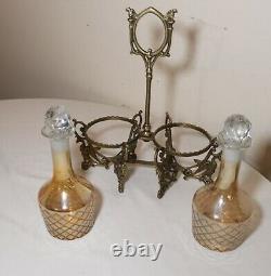 Vintage ornate brass figural 2 decanter cut to clear crystal glass tantalus set