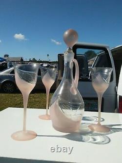Vntg Romania Pink Satin Glass Wine Decanter Set withStopper & 3 Cut/Satin Glasses
