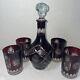 Vtg 6 Pc Bohemian Natchtman Czech Ruby Red Cut To Clear Glass Decanter 4-glasses