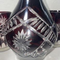 Vtg 6 Pc Bohemian Natchtman Czech Ruby Red Cut to Clear Glass Decanter 4-Glasses