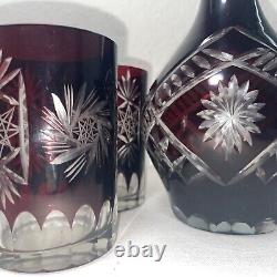 Vtg 6 Pc Bohemian Natchtman Czech Ruby Red Cut to Clear Glass Decanter 4-Glasses