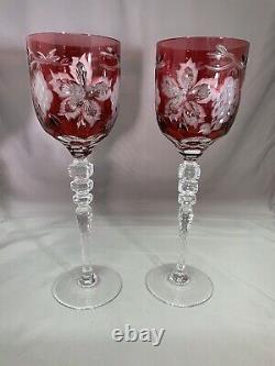 Vtg. Ajka Magdas Pride Etched Crystal Wine Stem/glass Pair Cranberry