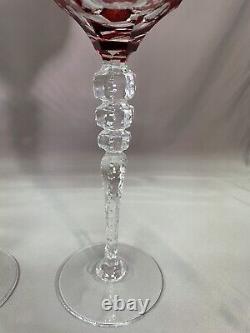 Vtg. Ajka Magdas Pride Etched Crystal Wine Stem/glass Pair Cranberry