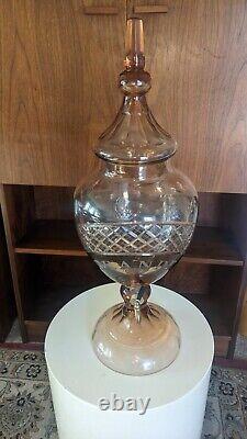 Vtg Apothecary Amber Brandy Dispenser Decanter Cut Glass Brass Spigot 31 tall