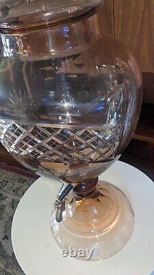 Vtg Apothecary Amber Brandy Dispenser Decanter Cut Glass Brass Spigot 31 tall