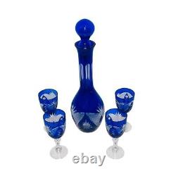 Vtg Blue Cut To Clear Liquor Decanter 14 & 4 Cordial Glasses Blue Glass Stopper