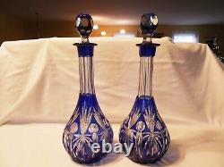 Vtg Bohemian Cobalt Blue Cut To Clear Pair Of Wine Decanters With Stoppers