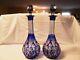 Vtg Bohemian Cobalt Blue Cut To Clear Pair Of Wine Decanters With Stoppers
