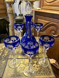 Vtg. Bohemian Cut to Clear Cobalt Blue Crystal Decanter with6 Wine Glasses