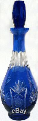 Vtg. Bohemian Czech Art Glass Cobalt Blue Cut To Clear 15t Decanter with Stopper