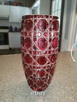 Vtg. Bohemian Czech Art Glass Cut To Clear Red Ruby Crystal Vase 9