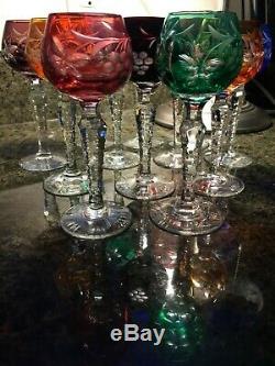 Vtg Bohemian Czech Cut Glass Crystal Liqueur Cordial 10 Gem Colored Stem Glasses