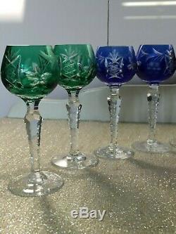 Vtg Bohemian Czech Cut Glass Crystal Liqueur Cordial 10 Gem Colored Stem Glasses