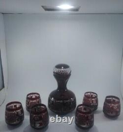 Vtg Bohemian Czech Ruby Red Cut to Clear Blown Glass Decanter with 6 Tumblers