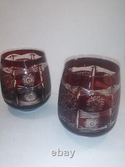 Vtg Bohemian Czech Ruby Red Cut to Clear Blown Glass Decanter with 6 Tumblers