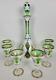 Vtg Bohemian Glass Decanter Cordial Set White Cased Cut To Green Painted Florals
