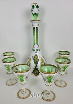 Vtg Bohemian Glass Decanter Cordial Set White Cased Cut to Green Painted Florals