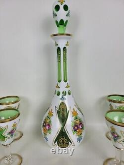 Vtg Bohemian Glass Decanter Cordial Set White Cased Cut to Green Painted Florals