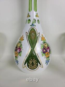 Vtg Bohemian Glass Decanter Cordial Set White Cased Cut to Green Painted Florals