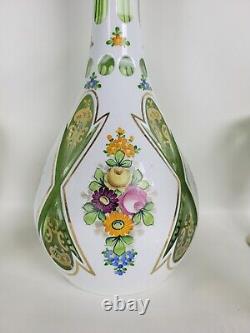 Vtg Bohemian Glass Decanter Cordial Set White Cased Cut to Green Painted Florals