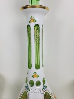 Vtg Bohemian Glass Decanter Cordial Set White Cased Cut to Green Painted Florals