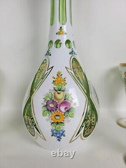 Vtg Bohemian Glass Decanter Cordial Set White Cased Cut to Green Painted Florals