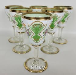 Vtg Bohemian Glass Decanter Cordial Set White Cased Cut to Green Painted Florals